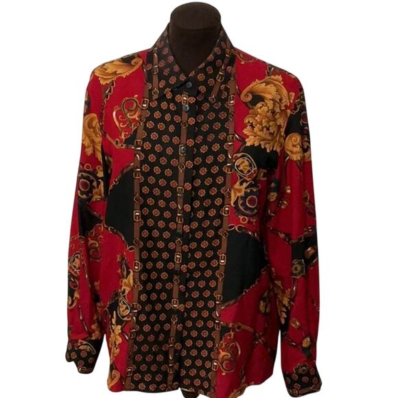 Talbots Tops - Talbots 100% Silk Red Black Equestrian Mobwife Button Down Shirt Top Size 12P